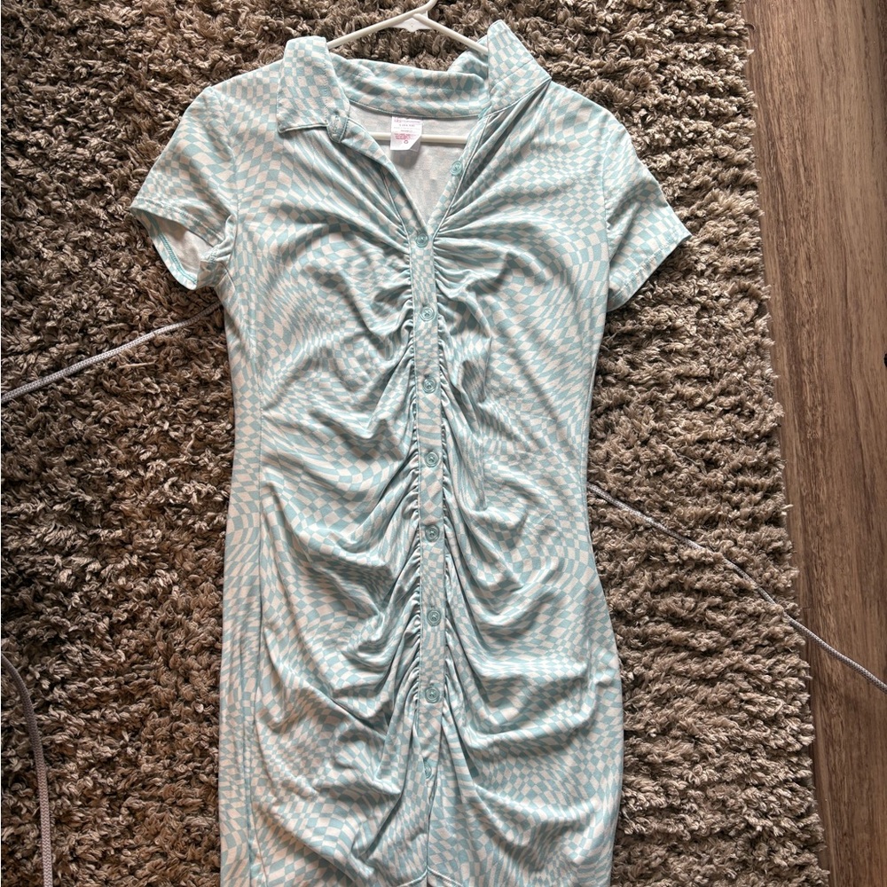 Light Blue Ruched Button-Up Dress